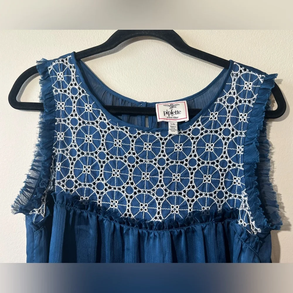Piplette by Alice Ritter Blue Ruffle‎ Crochet Tank Top Women L Sleeveless Boho